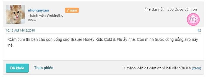 Review webtretho về Brauer Honey Kids Cold & Flu